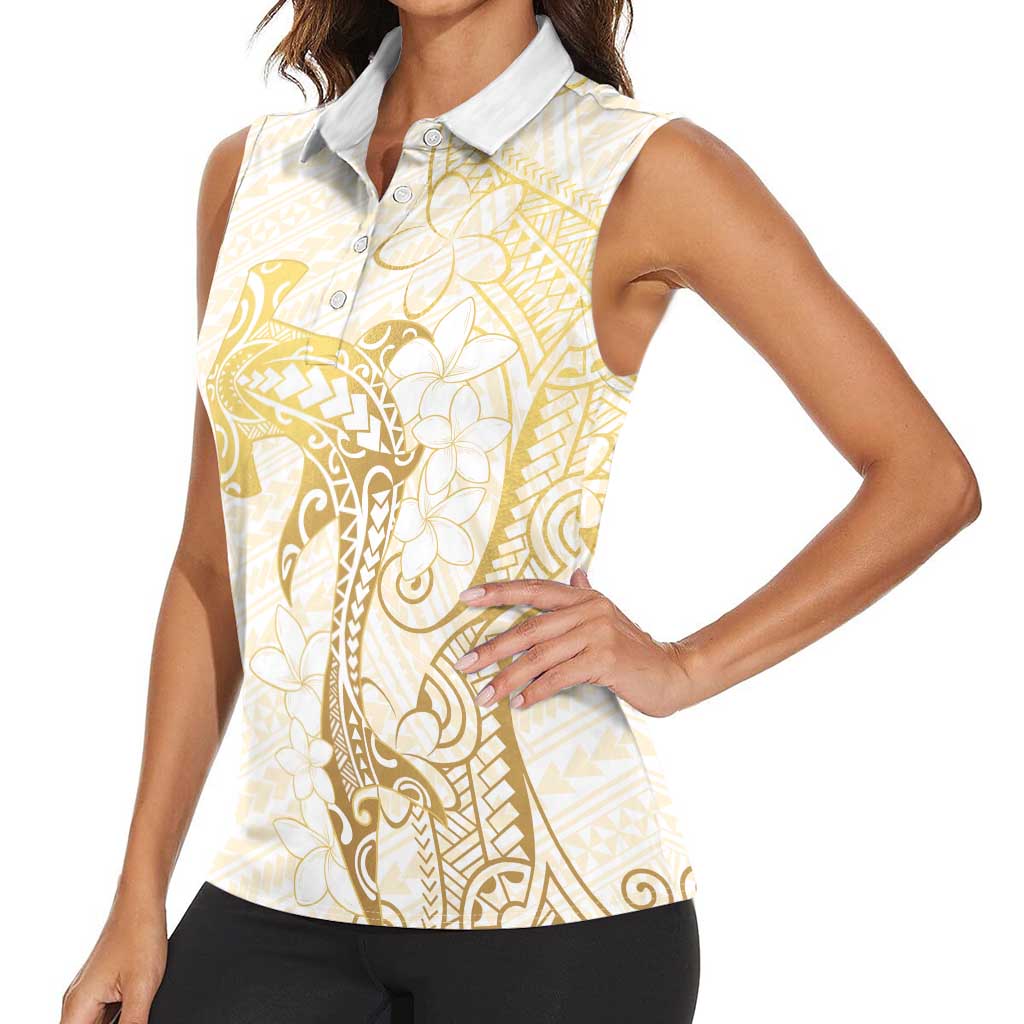 Gold and White Hawaii Women Sleeveless Polo Shirt Hammerhead Shark Tattoo Curve Polynesian - Polynesian Pride