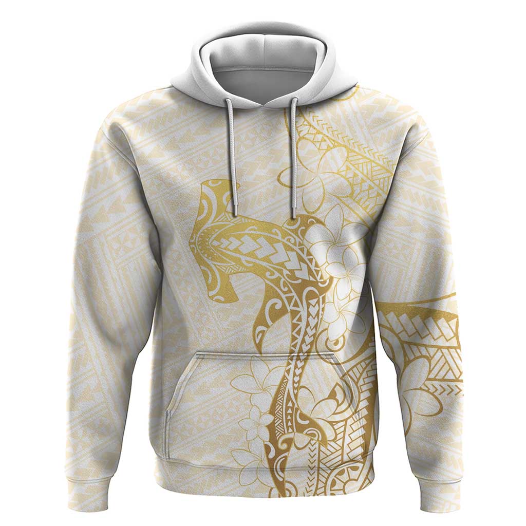 Gold and White Hawaii Zip Hoodie Hammerhead Shark Tattoo Curve Polynesian - Polynesian Pride