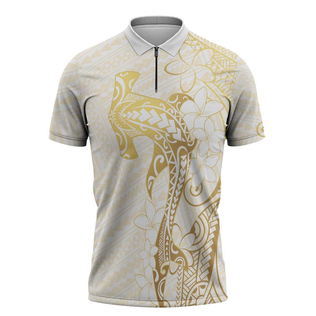 Gold and White Hawaii Zipper Polo Shirt Hammerhead Shark Tattoo Curve Polynesian - Polynesian Pride