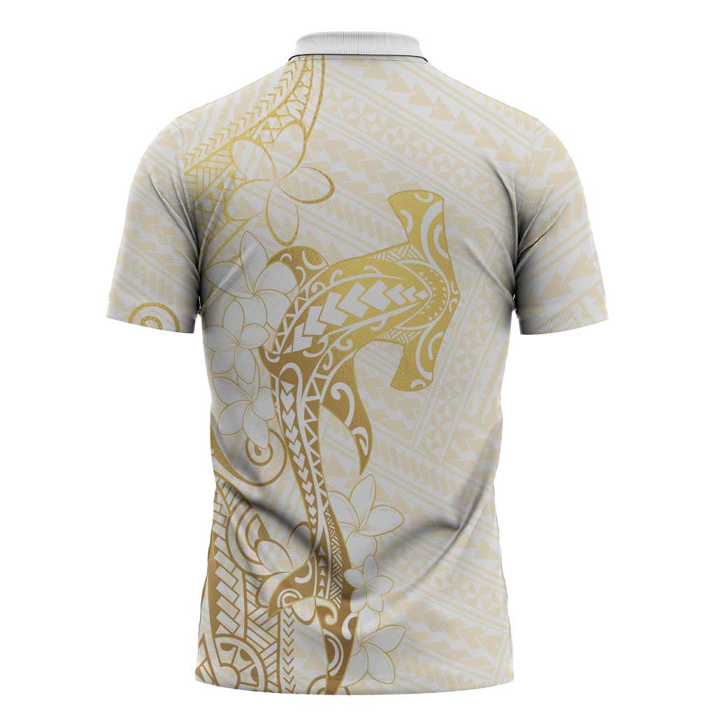 Gold and White Hawaii Zipper Polo Shirt Hammerhead Shark Tattoo Curve Polynesian - Polynesian Pride