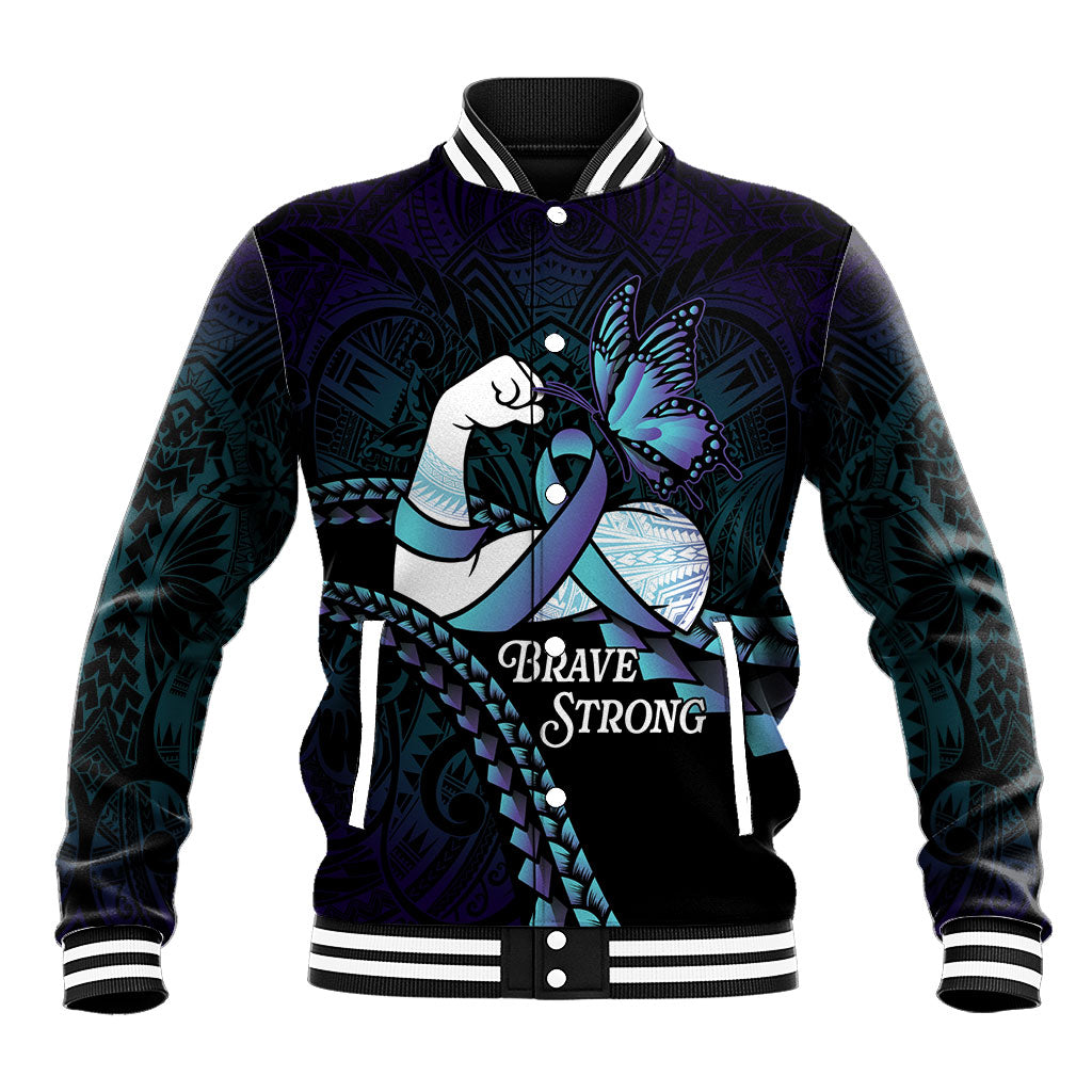 Personalised Polynesia Suicide Prevention Month Baseball Jacket Brave Strong Butterfly Teal Purple Ribbon LT14 Unisex Purple - Polynesian Pride