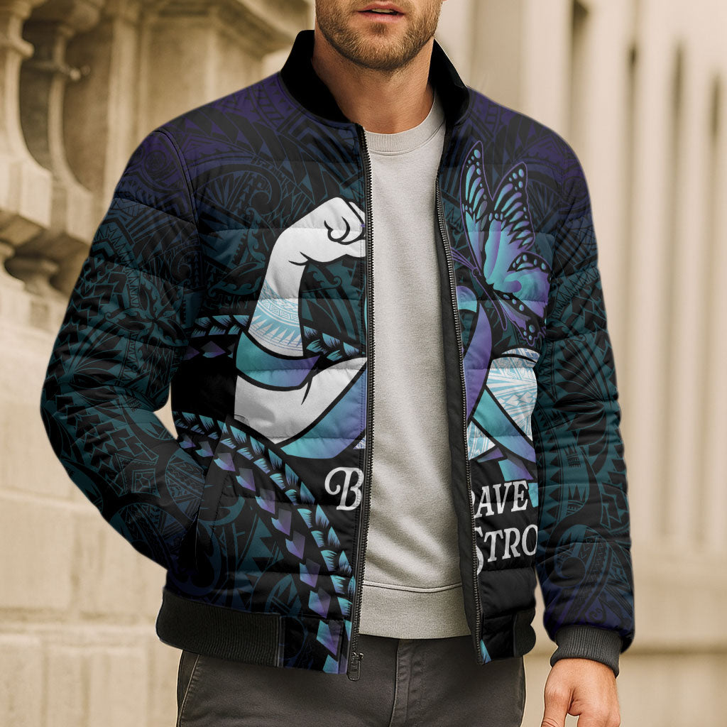 Personalised Polynesia Suicide Prevention Month Bomber Puffer Jacket Brave Strong Butterfly Teal Purple Ribbon LT14 - Polynesian Pride