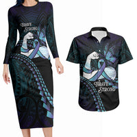 Personalised Polynesia Suicide Prevention Month Couples Matching Long Sleeve Bodycon Dress and Hawaiian Shirt Brave Strong Butterfly Teal Purple Ribbon LT14 Purple - Polynesian Pride