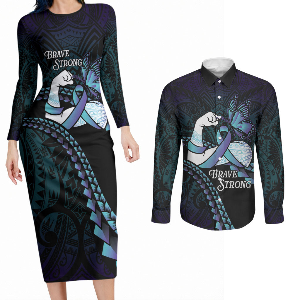 Personalised Polynesia Suicide Prevention Month Couples Matching Long Sleeve Bodycon Dress and Long Sleeve Button Shirt Brave Strong Butterfly Teal Purple Ribbon LT14 Purple - Polynesian Pride