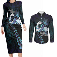 Personalised Polynesia Suicide Prevention Month Couples Matching Long Sleeve Bodycon Dress and Long Sleeve Button Shirt Brave Strong Butterfly Teal Purple Ribbon LT14 Purple - Polynesian Pride