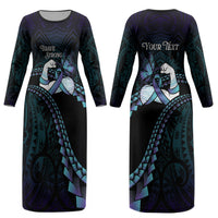 Personalised Polynesia Suicide Prevention Month Couples Matching Long Sleeve Bodycon Dress and Long Sleeve Button Shirt Brave Strong Butterfly Teal Purple Ribbon LT14 - Polynesian Pride