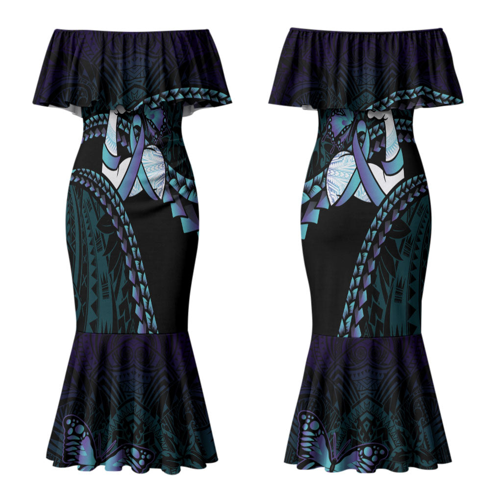 Personalised Polynesia Suicide Prevention Month Couples Matching Mermaid Dress and Hawaiian Shirt Brave Strong Butterfly Teal Purple Ribbon LT14 - Polynesian Pride