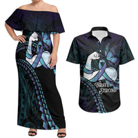 Personalised Polynesia Suicide Prevention Month Couples Matching Off Shoulder Maxi Dress and Hawaiian Shirt Brave Strong Butterfly Teal Purple Ribbon LT14 Purple - Polynesian Pride