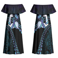 Personalised Polynesia Suicide Prevention Month Couples Matching Off Shoulder Maxi Dress and Hawaiian Shirt Brave Strong Butterfly Teal Purple Ribbon LT14 - Polynesian Pride
