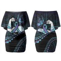 Personalised Polynesia Suicide Prevention Month Couples Matching Off Shoulder Short Dress and Hawaiian Shirt Brave Strong Butterfly Teal Purple Ribbon LT14 - Polynesian Pride