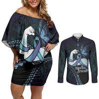 Personalised Polynesia Suicide Prevention Month Couples Matching Off Shoulder Short Dress and Long Sleeve Button Shirt Brave Strong Butterfly Teal Purple Ribbon LT14 Purple - Polynesian Pride