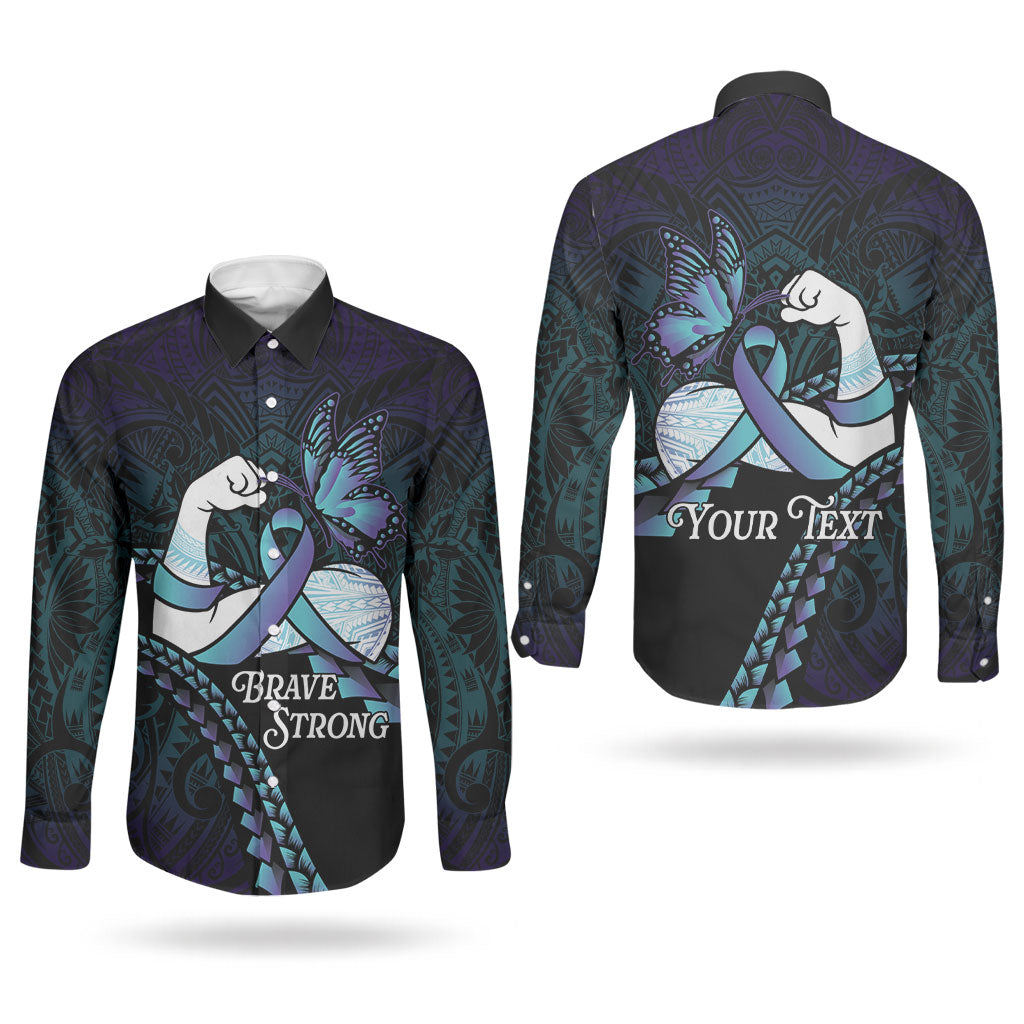 Personalised Polynesia Suicide Prevention Month Couples Matching Off Shoulder Short Dress and Long Sleeve Button Shirt Brave Strong Butterfly Teal Purple Ribbon LT14 - Polynesian Pride