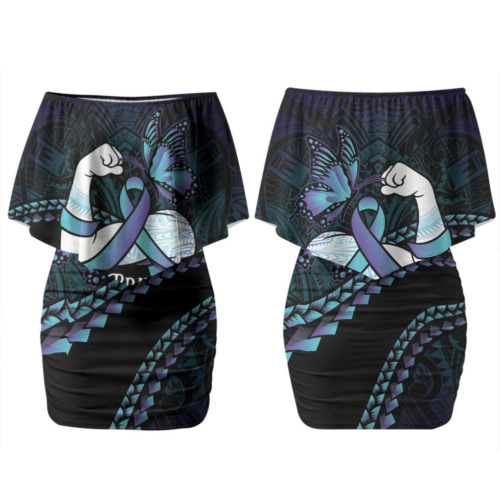 Personalised Polynesia Suicide Prevention Month Couples Matching Off Shoulder Short Dress and Long Sleeve Button Shirt Brave Strong Butterfly Teal Purple Ribbon LT14 - Polynesian Pride