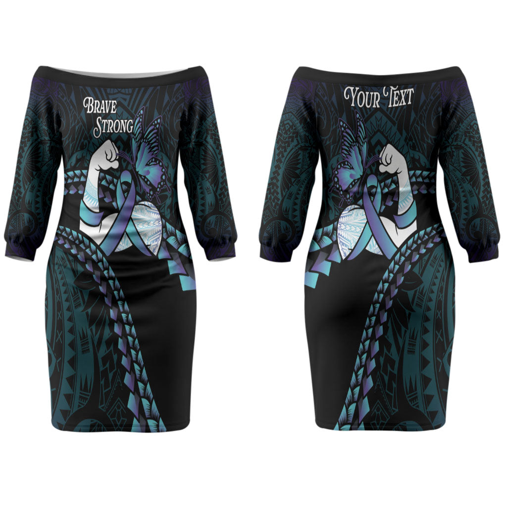 Personalised Polynesia Suicide Prevention Month Couples Matching Off The Shoulder Long Sleeve Dress and Long Sleeve Button Shirt Brave Strong Butterfly Teal Purple Ribbon LT14 - Polynesian Pride