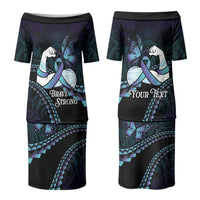 Personalised Polynesia Suicide Prevention Month Couples Matching Puletasi and Long Sleeve Button Shirt Brave Strong Butterfly Teal Purple Ribbon LT14 - Polynesian Pride