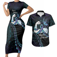 Personalised Polynesia Suicide Prevention Month Couples Matching Short Sleeve Bodycon Dress and Hawaiian Shirt Brave Strong Butterfly Teal Purple Ribbon LT14 Purple - Polynesian Pride