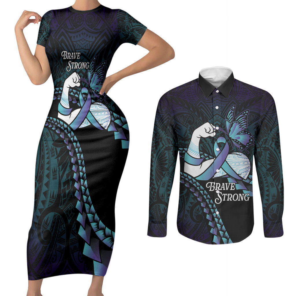 Personalised Polynesia Suicide Prevention Month Couples Matching Short Sleeve Bodycon Dress and Long Sleeve Button Shirt Brave Strong Butterfly Teal Purple Ribbon LT14 Purple - Polynesian Pride