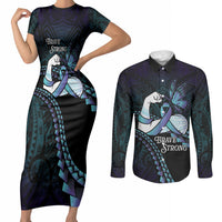 Personalised Polynesia Suicide Prevention Month Couples Matching Short Sleeve Bodycon Dress and Long Sleeve Button Shirt Brave Strong Butterfly Teal Purple Ribbon LT14 Purple - Polynesian Pride