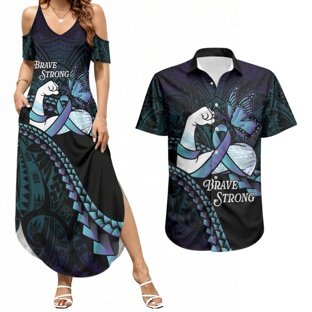 Personalised Polynesia Suicide Prevention Month Couples Matching Summer Maxi Dress and Hawaiian Shirt Brave Strong Butterfly Teal Purple Ribbon LT14 Purple - Polynesian Pride