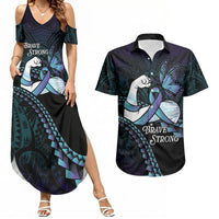Personalised Polynesia Suicide Prevention Month Couples Matching Summer Maxi Dress and Hawaiian Shirt Brave Strong Butterfly Teal Purple Ribbon LT14 Purple - Polynesian Pride