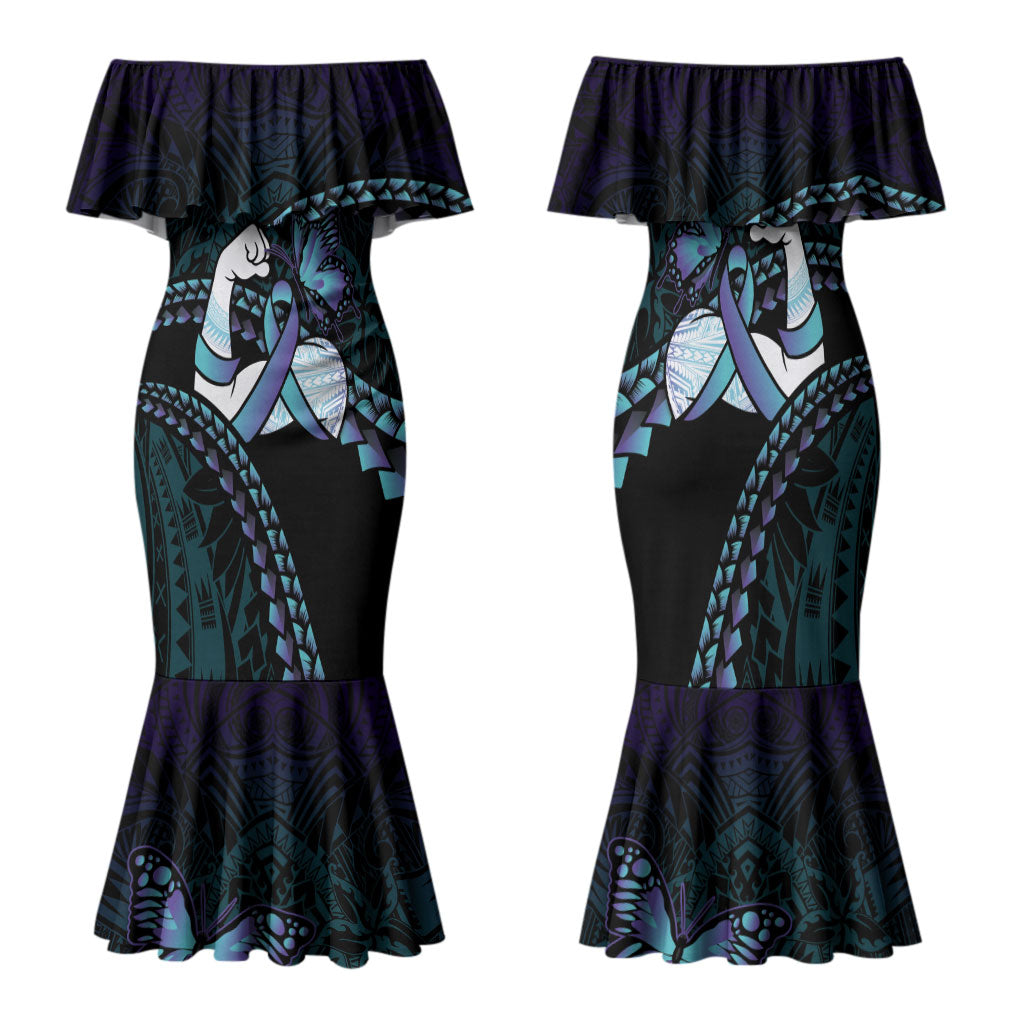 Personalised Polynesia Suicide Prevention Month Family Matching Mermaid Dress and Hawaiian Shirt Brave Strong Butterfly Teal Purple Ribbon LT14 Mom's Dress Purple - Polynesian Pride