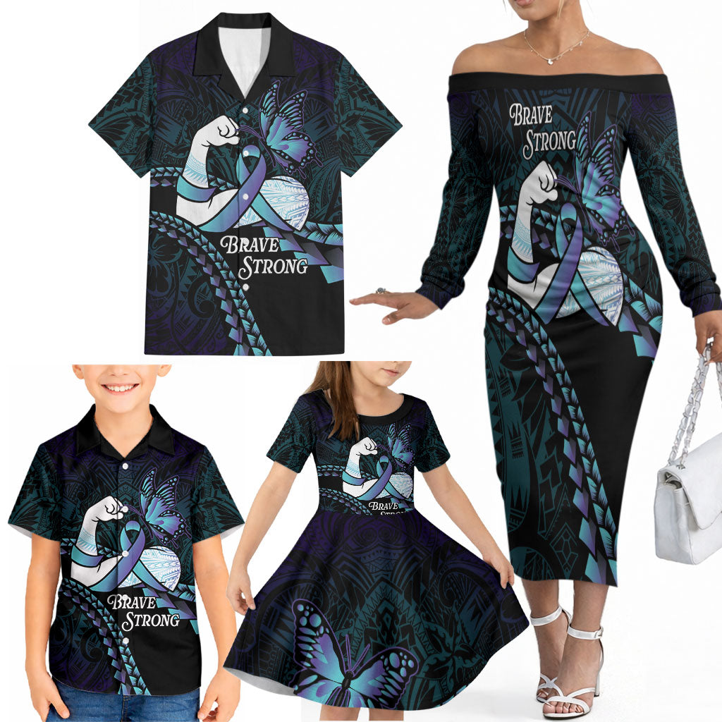 Personalised Polynesia Suicide Prevention Month Family Matching Off The Shoulder Long Sleeve Dress and Hawaiian Shirt Brave Strong Butterfly Teal Purple Ribbon LT14 - Polynesian Pride