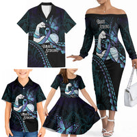 Personalised Polynesia Suicide Prevention Month Family Matching Off The Shoulder Long Sleeve Dress and Hawaiian Shirt Brave Strong Butterfly Teal Purple Ribbon LT14 - Polynesian Pride