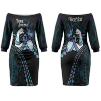 Personalised Polynesia Suicide Prevention Month Family Matching Off The Shoulder Long Sleeve Dress and Hawaiian Shirt Brave Strong Butterfly Teal Purple Ribbon LT14 Mom's Dress Purple - Polynesian Pride