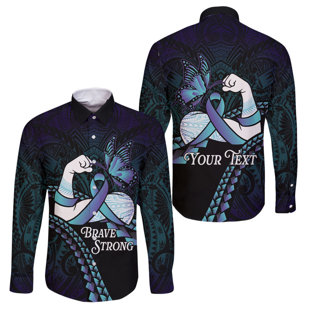 Personalised Polynesia Suicide Prevention Month Family Matching Off The Shoulder Long Sleeve Dress and Hawaiian Shirt Brave Strong Butterfly Teal Purple Ribbon LT14 Dad's Shirt - Long Sleeve Purple - Polynesian Pride