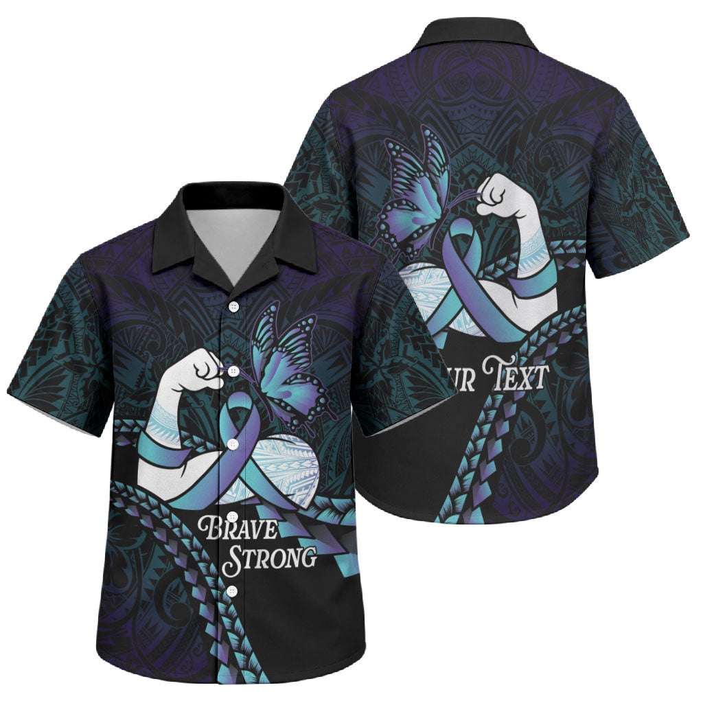 Personalised Polynesia Suicide Prevention Month Family Matching Off The Shoulder Long Sleeve Dress and Hawaiian Shirt Brave Strong Butterfly Teal Purple Ribbon LT14 Son's Shirt Purple - Polynesian Pride