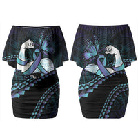 Personalised Polynesia Suicide Prevention Month Family Matching Off Shoulder Short Dress and Hawaiian Shirt Brave Strong Butterfly Teal Purple Ribbon LT14 Mom's Dress Purple - Polynesian Pride