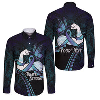Personalised Polynesia Suicide Prevention Month Family Matching Off Shoulder Short Dress and Hawaiian Shirt Brave Strong Butterfly Teal Purple Ribbon LT14 Dad's Shirt - Long Sleeve Purple - Polynesian Pride