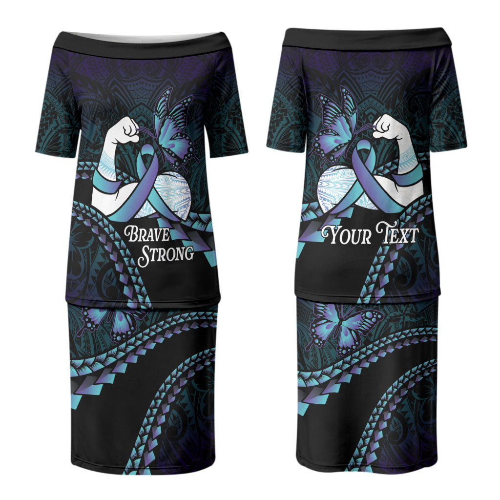 Personalised Polynesia Suicide Prevention Month Family Matching Puletasi and Hawaiian Shirt Brave Strong Butterfly Teal Purple Ribbon LT14 Mom's Dress Purple - Polynesian Pride