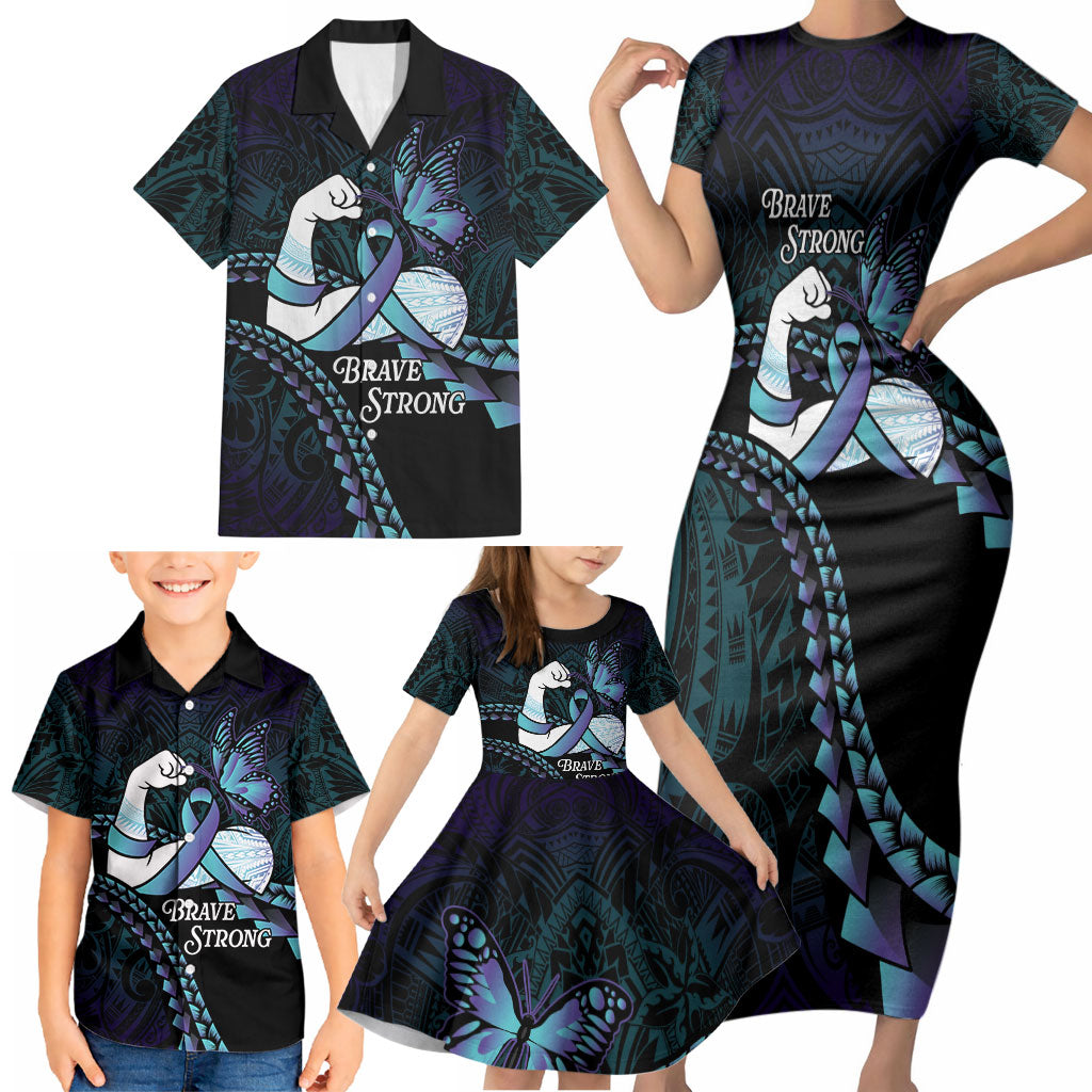 Personalised Polynesia Suicide Prevention Month Family Matching Short Sleeve Bodycon Dress and Hawaiian Shirt Brave Strong Butterfly Teal Purple Ribbon LT14 - Polynesian Pride