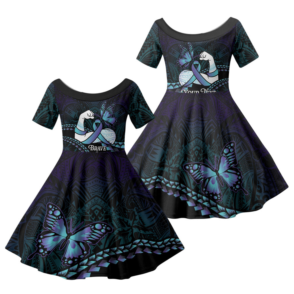 Personalised Polynesia Suicide Prevention Month Family Matching Short Sleeve Bodycon Dress and Hawaiian Shirt Brave Strong Butterfly Teal Purple Ribbon LT14 Daughter's Dress Purple - Polynesian Pride