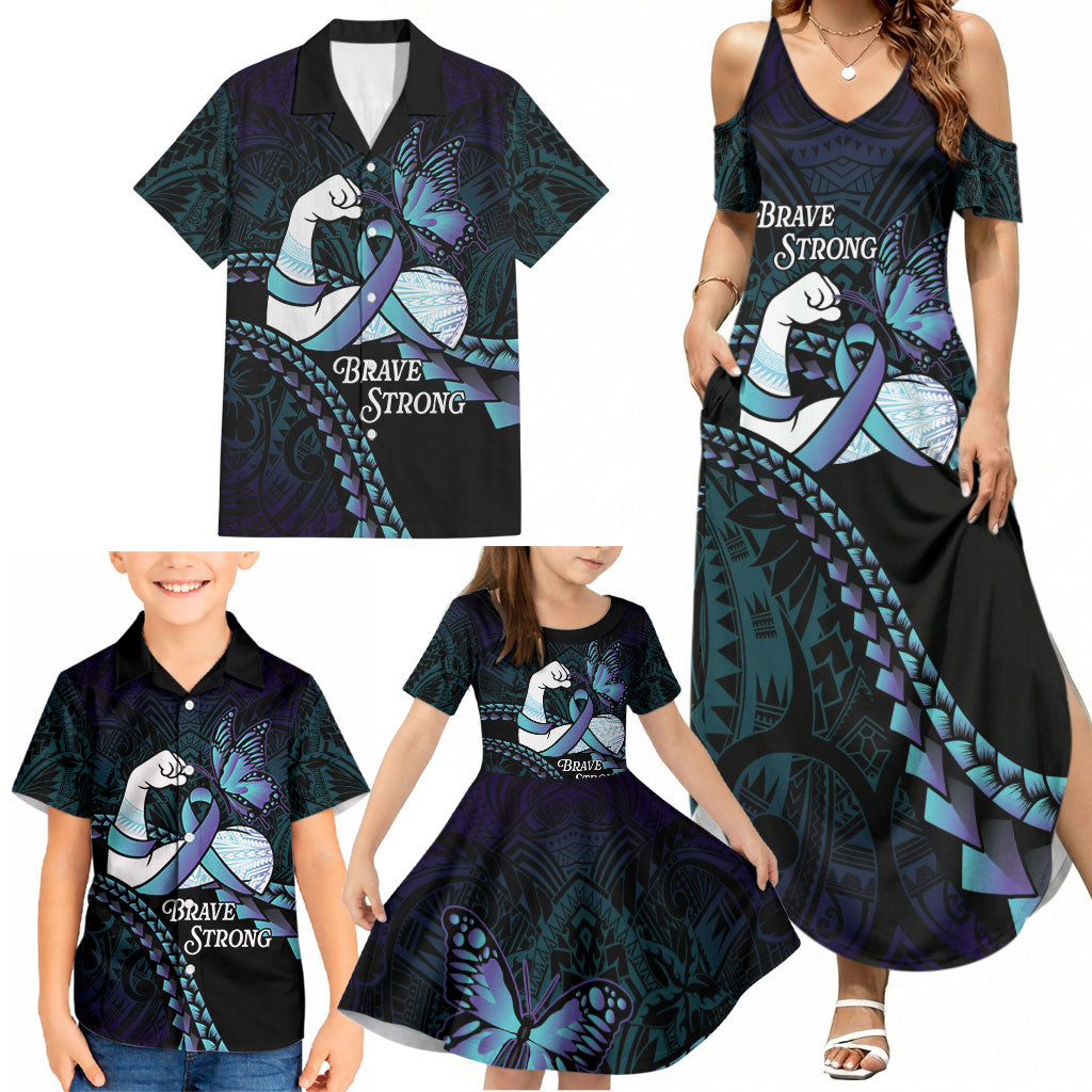 Personalised Polynesia Suicide Prevention Month Family Matching Summer Maxi Dress and Hawaiian Shirt Brave Strong Butterfly Teal Purple Ribbon LT14 - Polynesian Pride