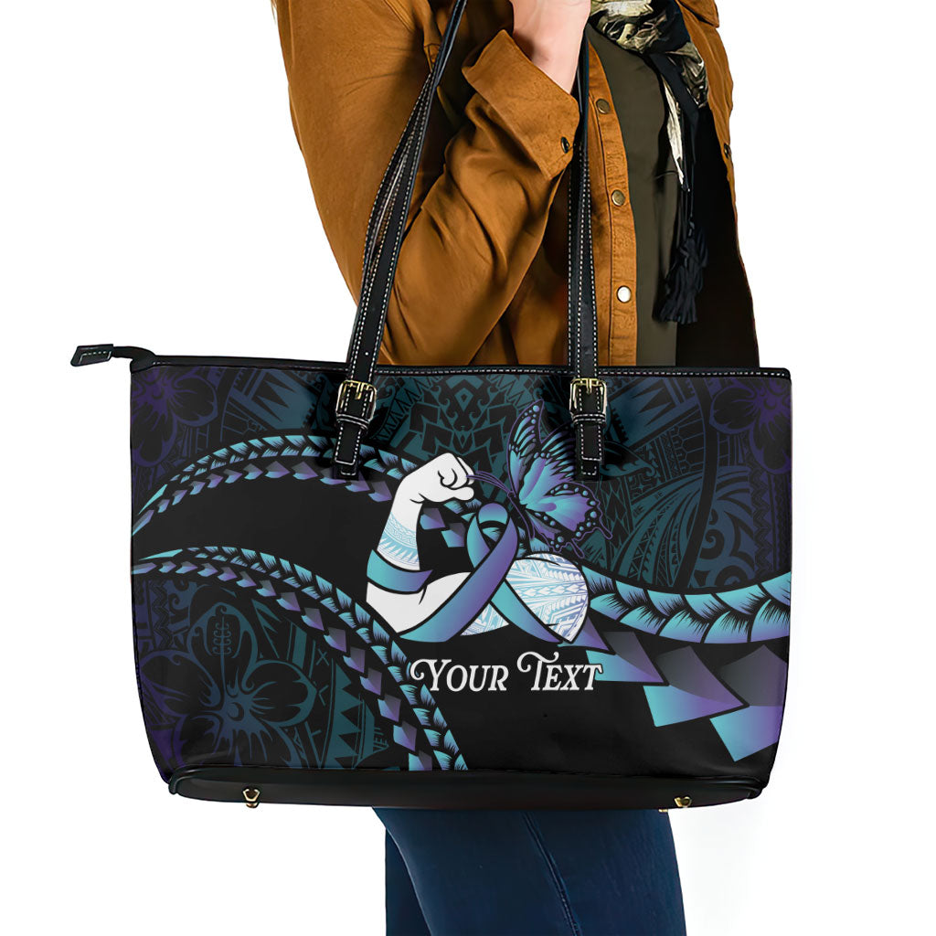 Personalised Polynesia Suicide Prevention Month Leather Tote Bag Brave Strong Butterfly Teal Purple Ribbon LT14 - Polynesian Pride