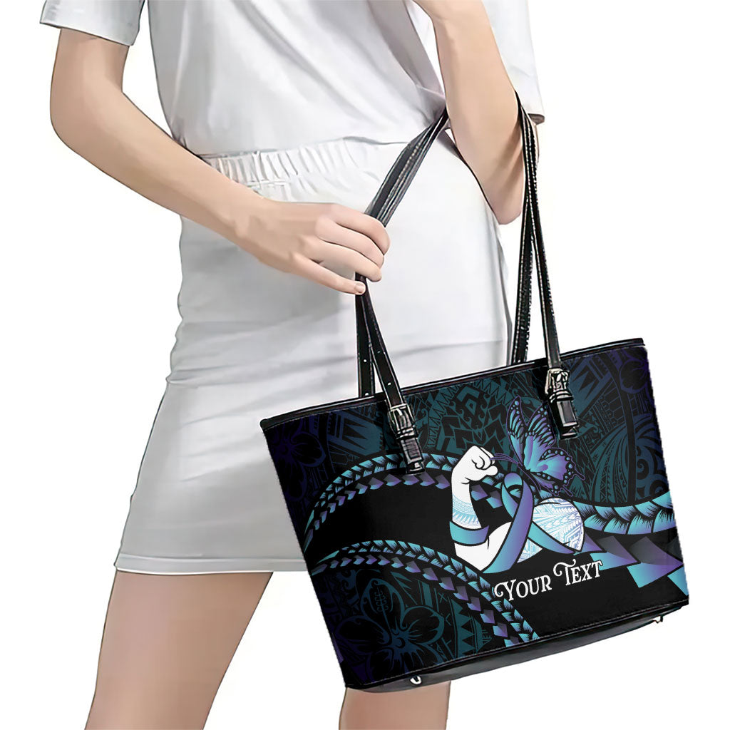 Personalised Polynesia Suicide Prevention Month Leather Tote Bag Brave Strong Butterfly Teal Purple Ribbon LT14 - Polynesian Pride