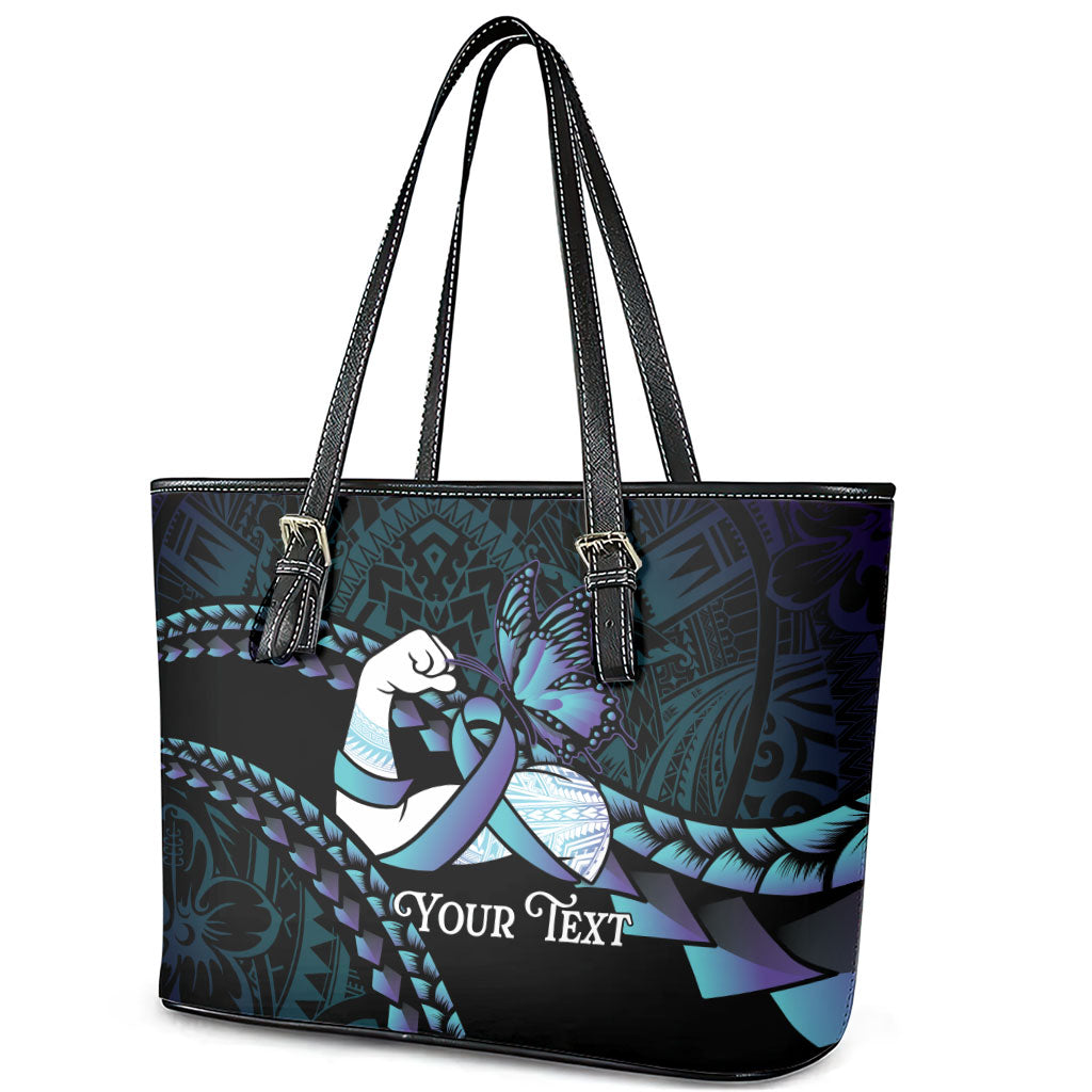 Personalised Polynesia Suicide Prevention Month Leather Tote Bag Brave Strong Butterfly Teal Purple Ribbon LT14 - Polynesian Pride