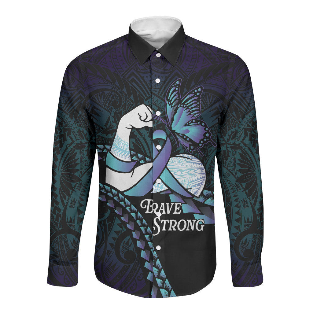 Personalised Polynesia Suicide Prevention Month Long Sleeve Button Shirt Brave Strong Butterfly Teal Purple Ribbon LT14 Unisex Purple - Polynesian Pride