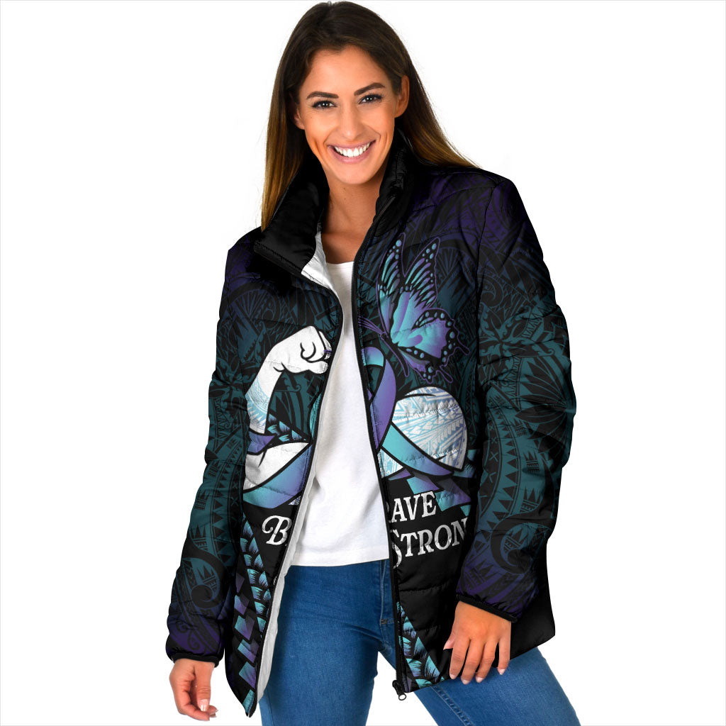 Personalised Polynesia Suicide Prevention Month Padded Jacket Brave Strong Butterfly Teal Purple Ribbon LT14 Women Purple - Polynesian Pride