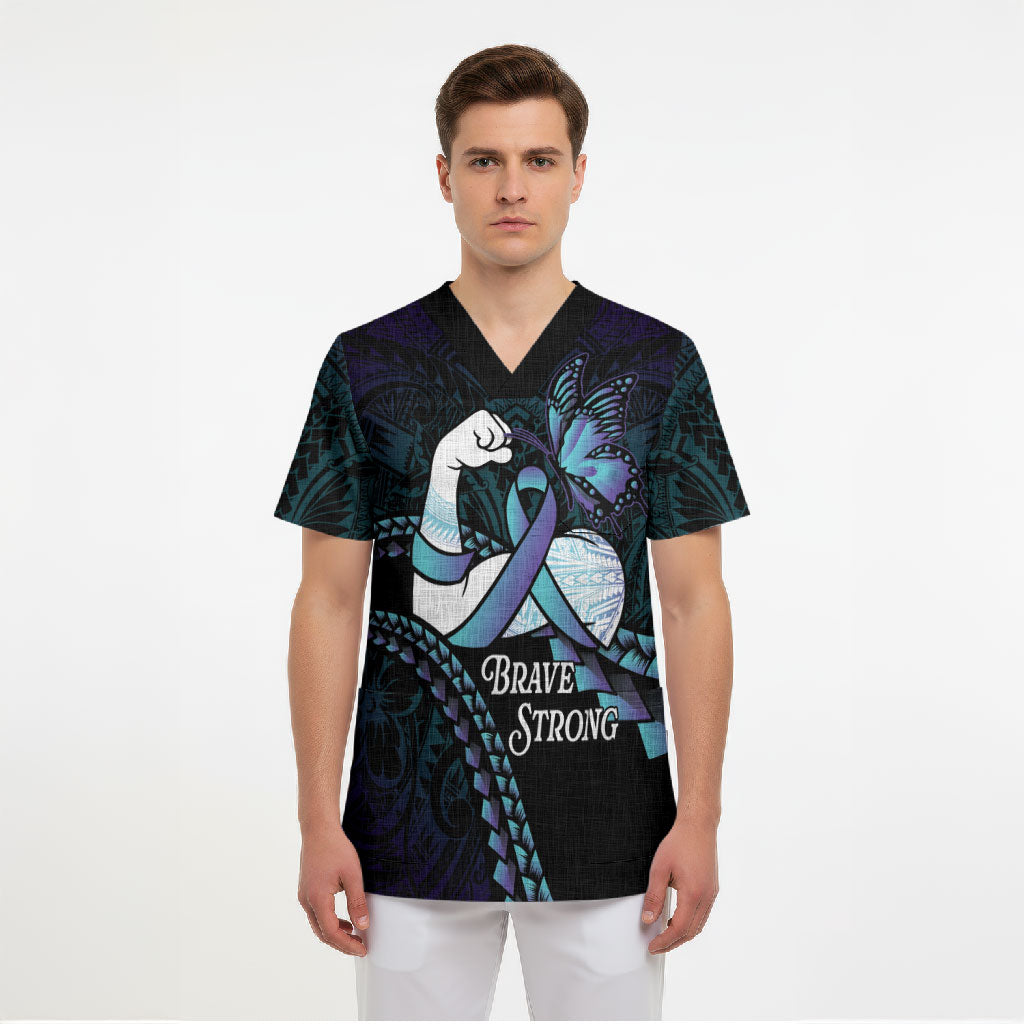 Personalised Polynesia Suicide Prevention Month Scrub Top Brave Strong Butterfly Teal Purple Ribbon LT14 - Polynesian Pride