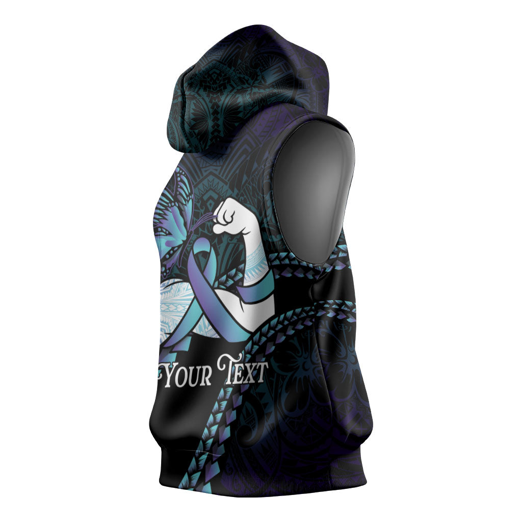 Personalised Polynesia Suicide Prevention Month Sleeveless Hoodie Brave Strong Butterfly Teal Purple Ribbon LT14 - Polynesian Pride