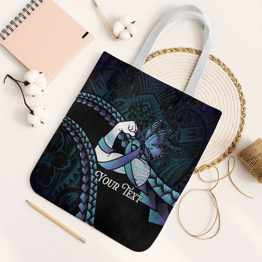 Personalised Polynesia Suicide Prevention Month Tote Bag Brave Strong Butterfly Teal Purple Ribbon LT14 White Strap One Size Purple - Polynesian Pride