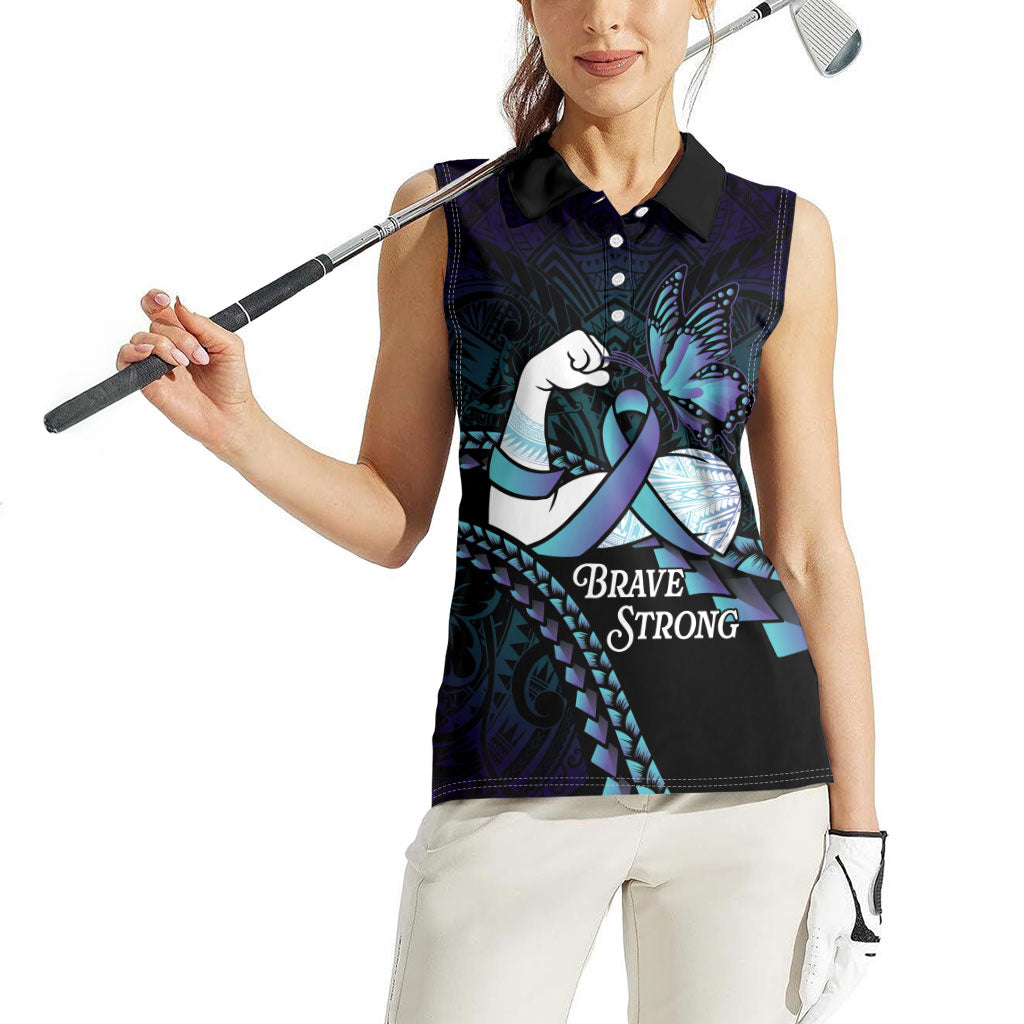 Personalised Polynesia Suicide Prevention Month Women Sleeveless Polo Shirt Brave Strong Butterfly Teal Purple Ribbon LT14 - Polynesian Pride