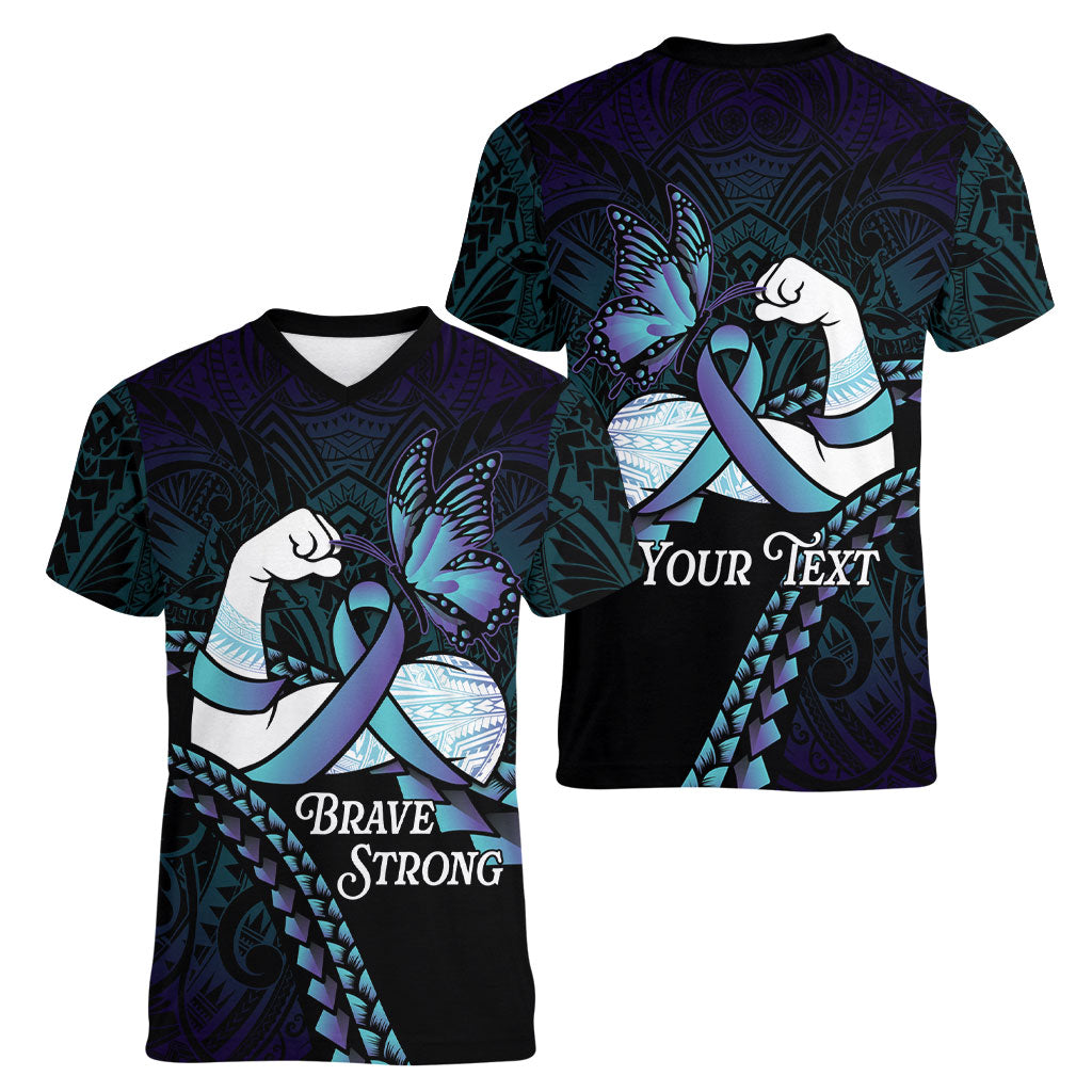 Personalised Polynesia Suicide Prevention Month Women V-Neck T-Shirt Brave Strong Butterfly Teal Purple Ribbon LT14 - Polynesian Pride