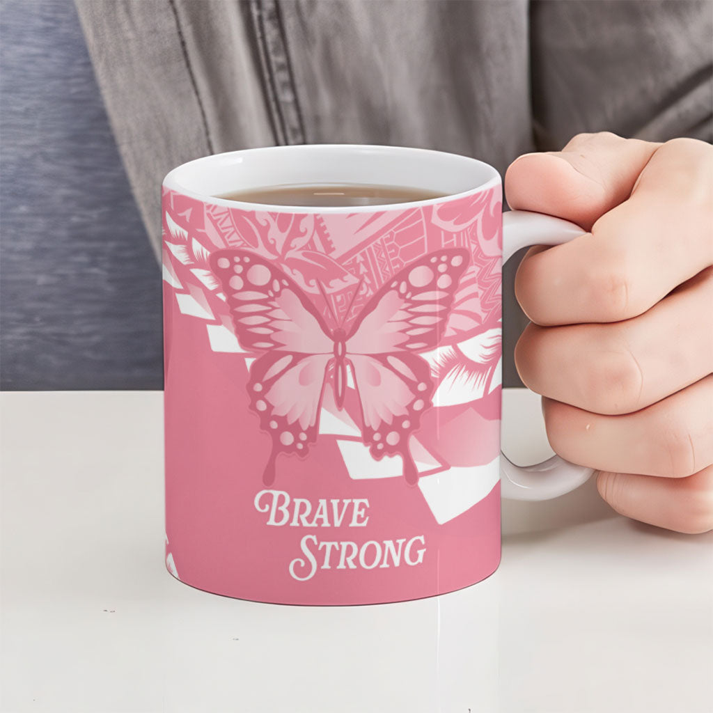 Personalised Polynesia Breast Cancer Awareness Ceramic Mug Brave Strong Butterfly Pink Ribbon LT14 - Polynesian Pride