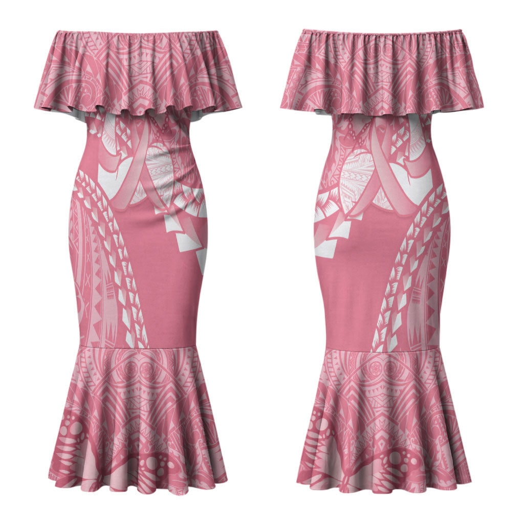Personalised Polynesia Breast Cancer Awareness Couples Matching Mermaid Dress and Long Sleeve Button Shirt Brave Strong Butterfly Pink Ribbon LT14 - Polynesian Pride