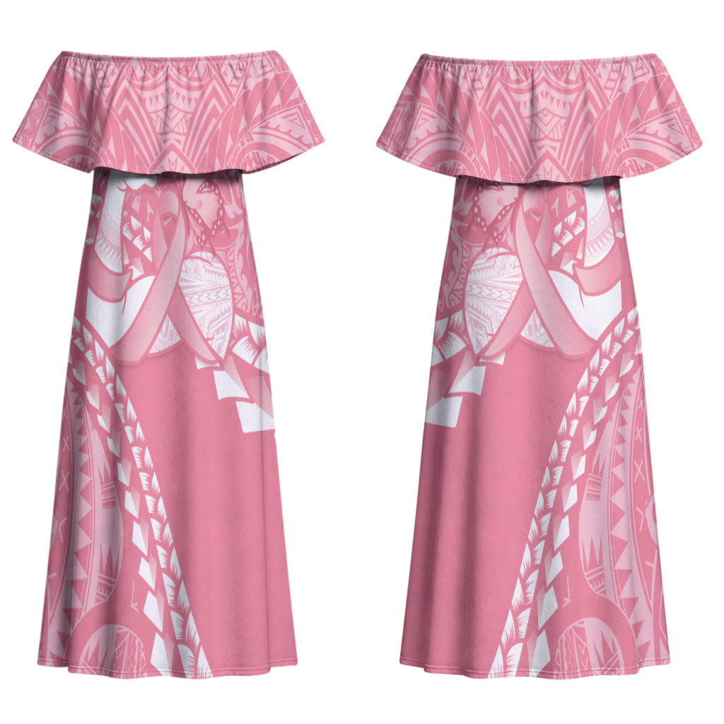 Personalised Polynesia Breast Cancer Awareness Couples Matching Off Shoulder Maxi Dress and Long Sleeve Button Shirt Brave Strong Butterfly Pink Ribbon LT14 - Polynesian Pride