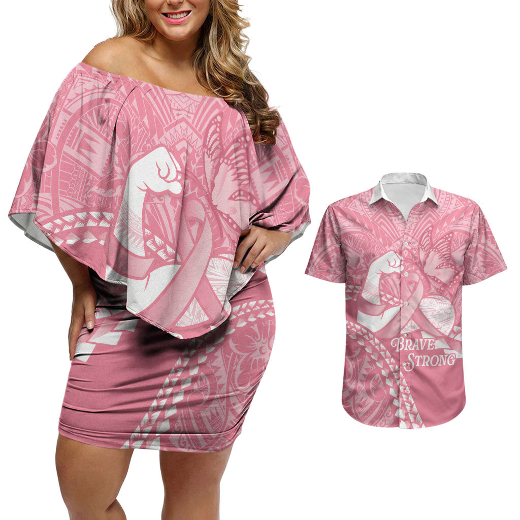 Personalised Polynesia Breast Cancer Awareness Couples Matching Off Shoulder Short Dress and Hawaiian Shirt Brave Strong Butterfly Pink Ribbon LT14 Pink - Polynesian Pride